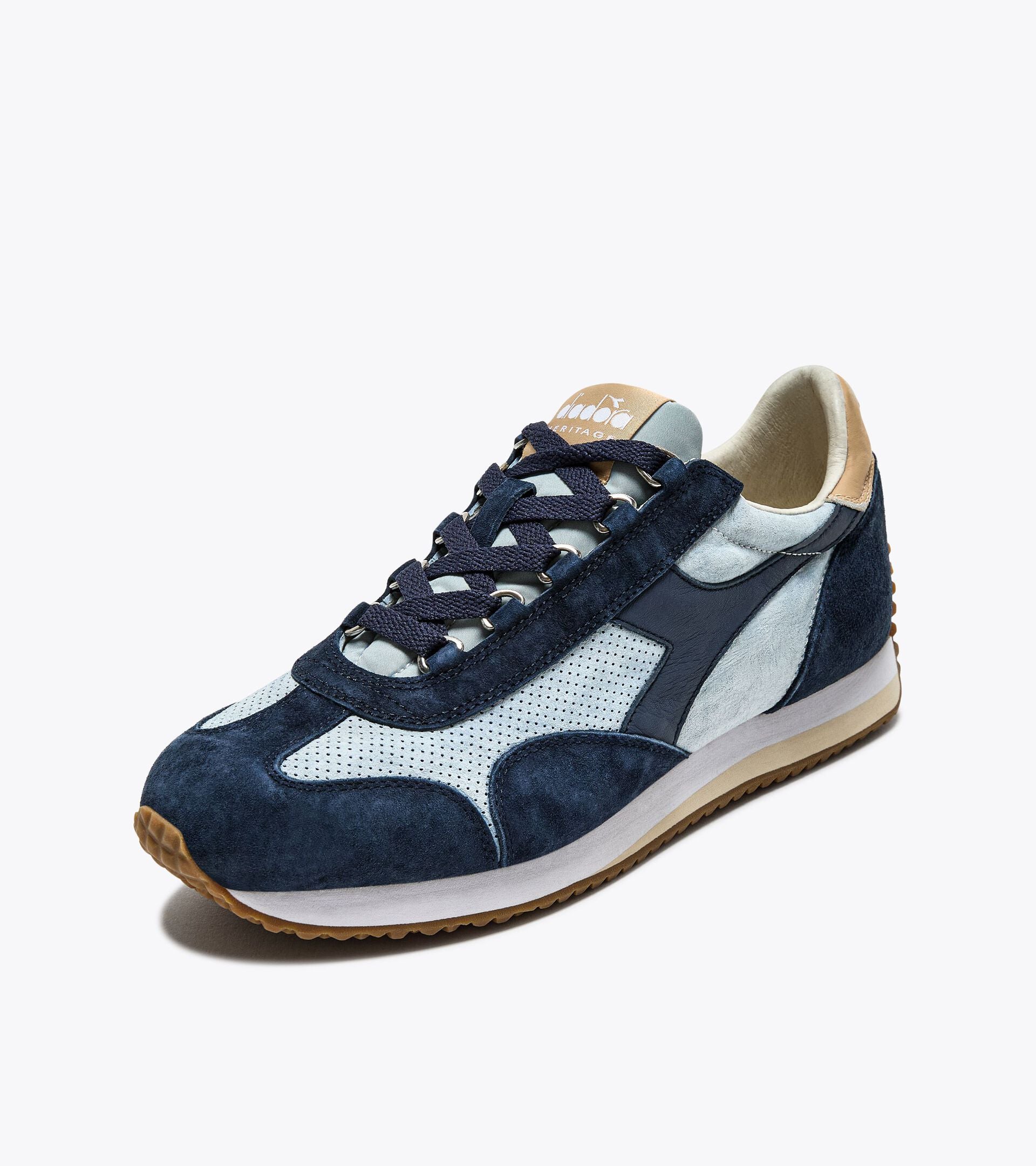 Ace Rivington Diadora Equipe Suede SW - High Rise sneaker featuring a combination of navy blue and light grey suede with a perforated design. The shoe has a beige heel tab, a white midsole, and a gum rubber outsole. The laces are navy blue, and the Diadora logo is prominently displayed on the side.