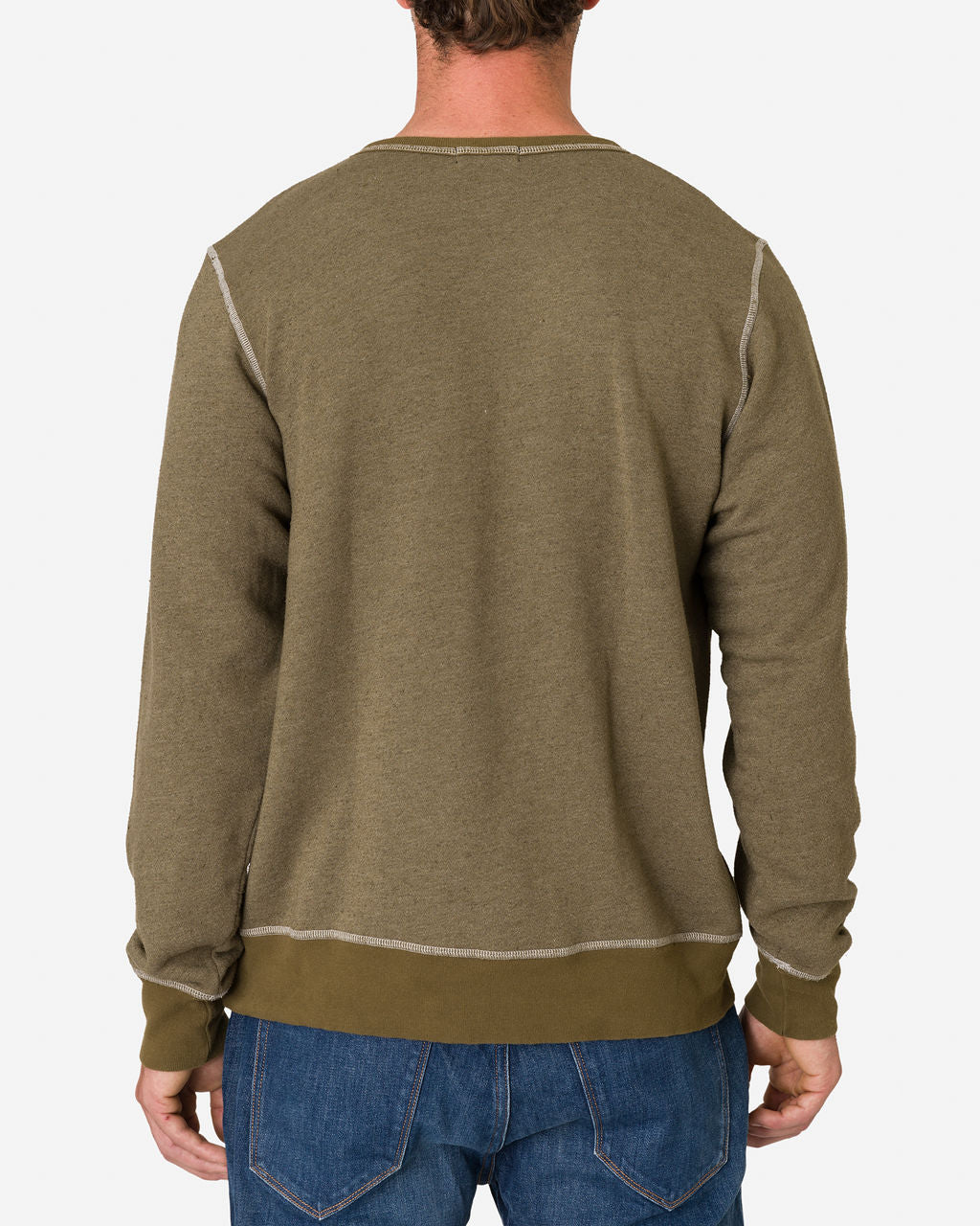 Man is shown from the back wearing an Ace Rivington French Terry Vintage Soft Crewneck Sweatshirt in Army Green color paired with blue jeans, highlighting the back view of the sweatshirt, showcasing its design and fit. The sweatshirt features visible stitching along the shoulders, sleeves, and hem, with a slightly relaxed fit.