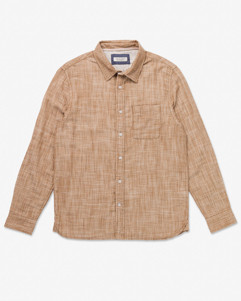 Double Gauze - Long Sleeve - camel-colored shirt with a subtle checkered pattern, featuring a single chest pocket on the left side and a collar by Ace Rivington. The shirt is laid flat on a white background.