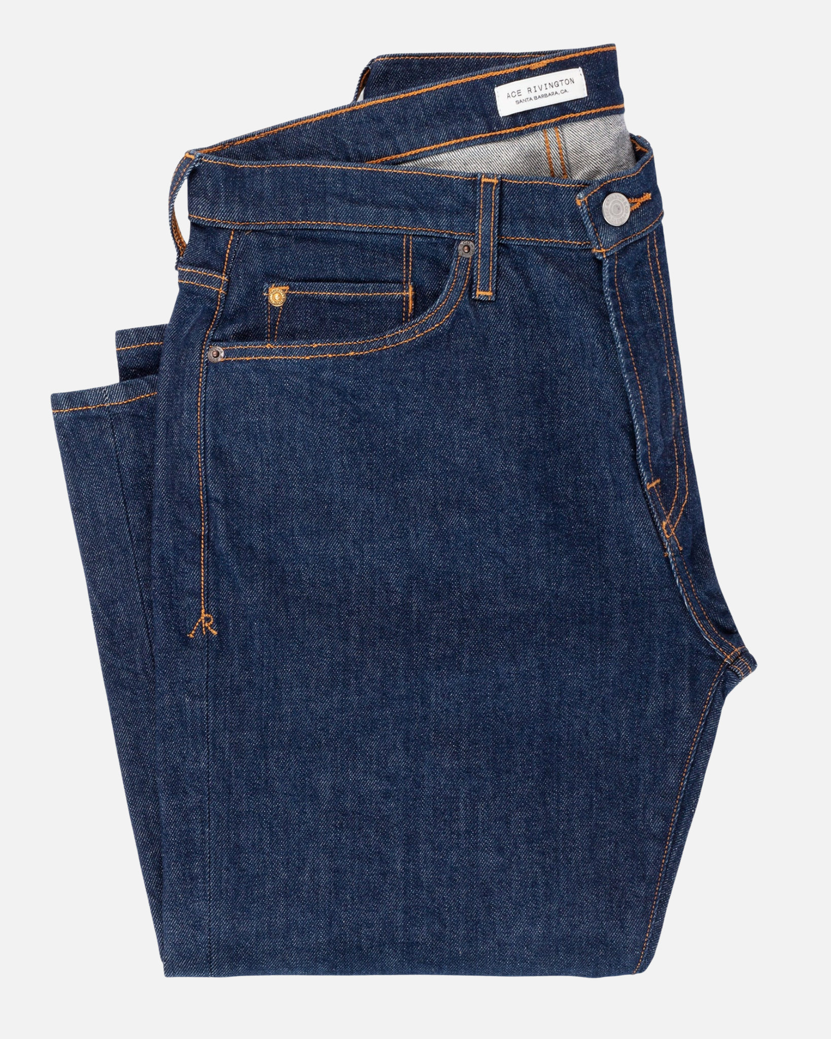 Ace Rivington Folded pair of Athletic Straight Denim Jeans - Dark Rinse color with durable cotton pocketing.