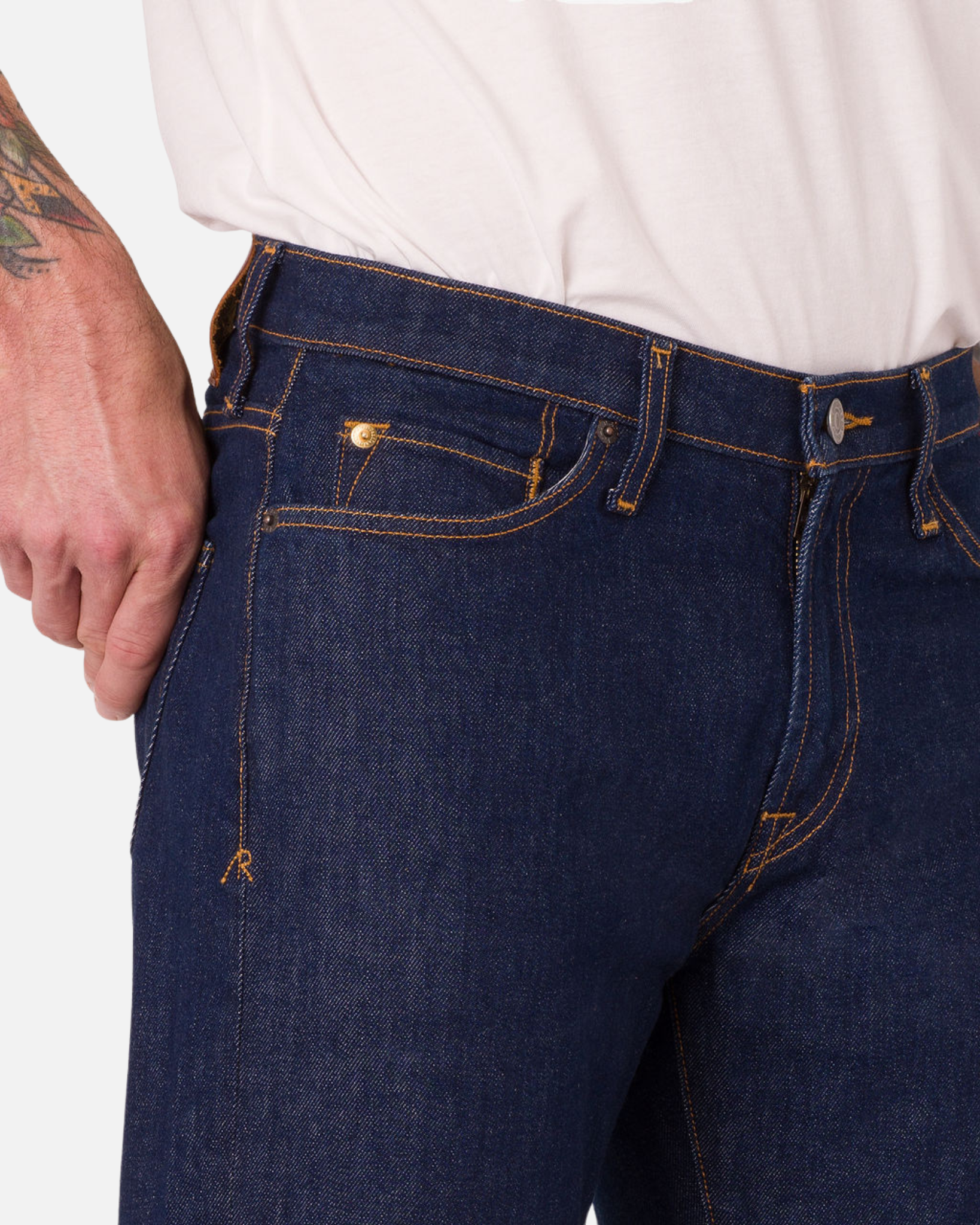 Ace Rivington Men's Dark Rinse - Athletic Straight Denim Jeans with front pocket and contrast stitching.