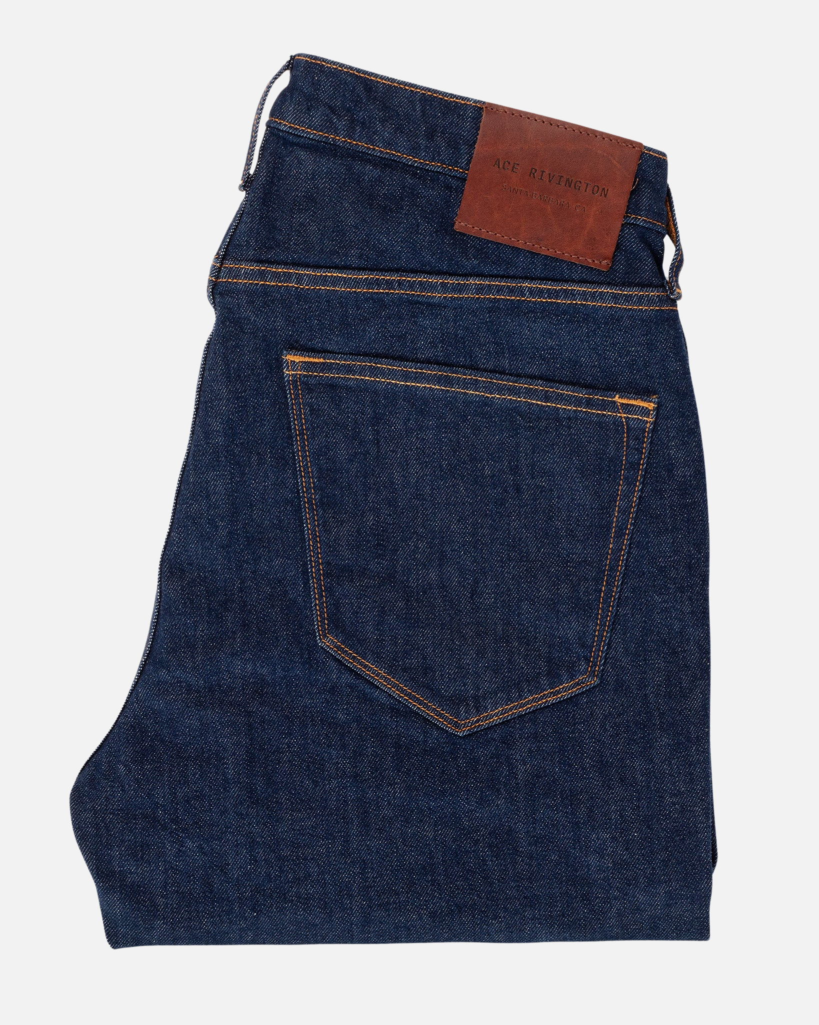 Folded Dark Rinse - Athletic Straight Ace Rivington Denim Jeans with Back Pocket Details.