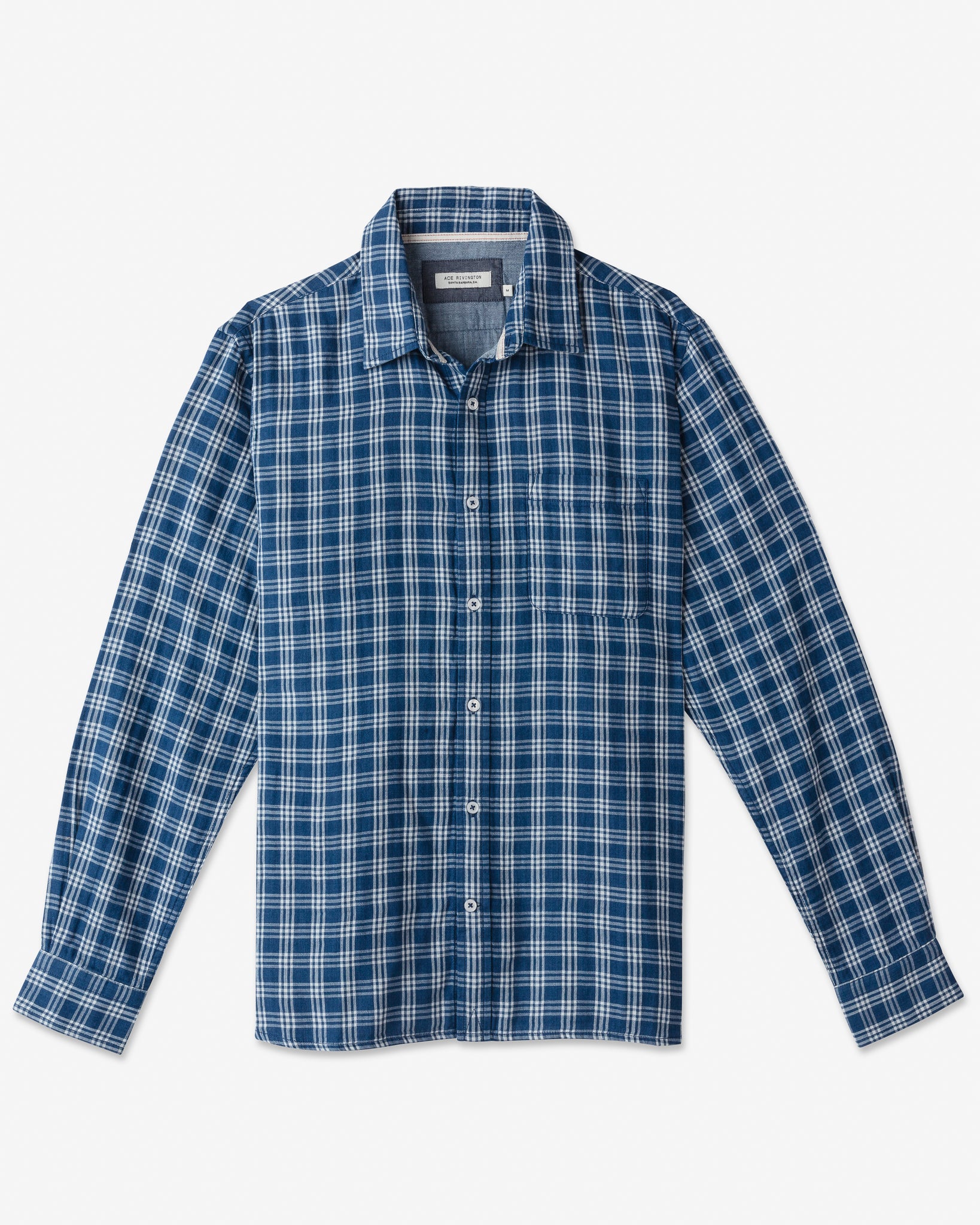 Front of full-view flat lay of Ace Rivington long-sleeved doubles-gauze soft textured cotton shirt with pearl buttons and left-breast pocket patterned by off-white and a navy blue checkered grid