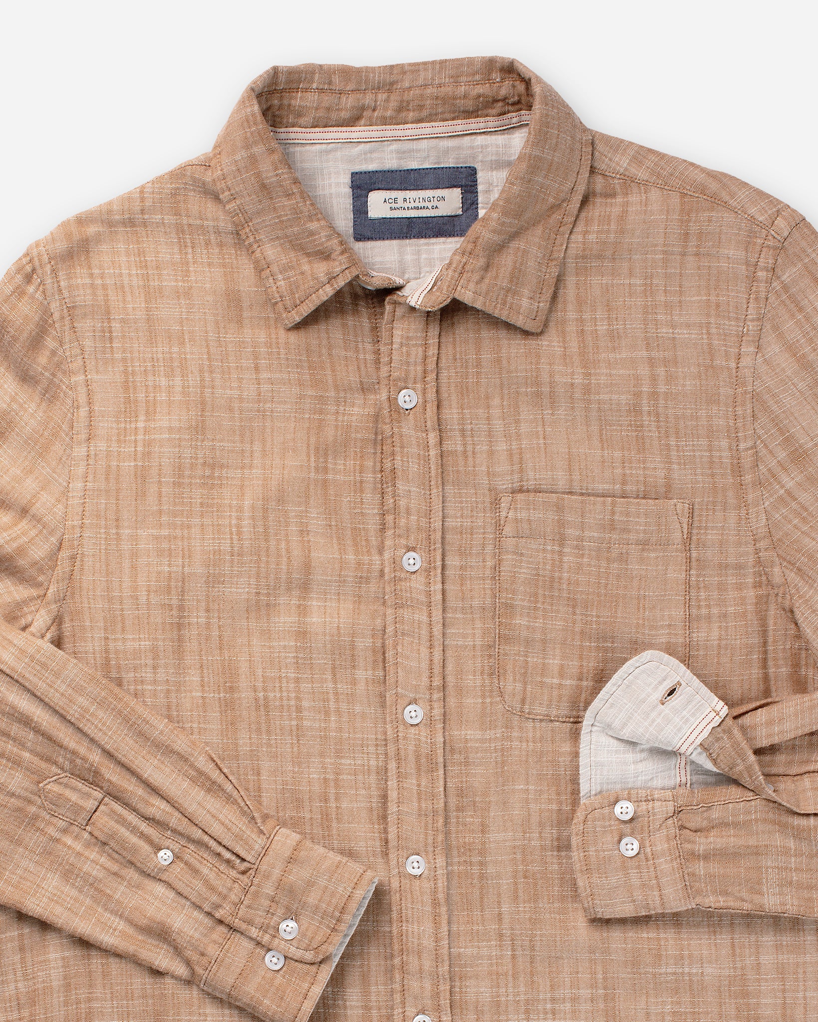 Ace Rivington - Colored Camel - Double Gauze Long Sleeve Shirt with a textured fabric. This shirt features a front pocket on the left side and white buttons. The left sleeve is partially rolled up, revealing a contrasting white double gauze fabric.