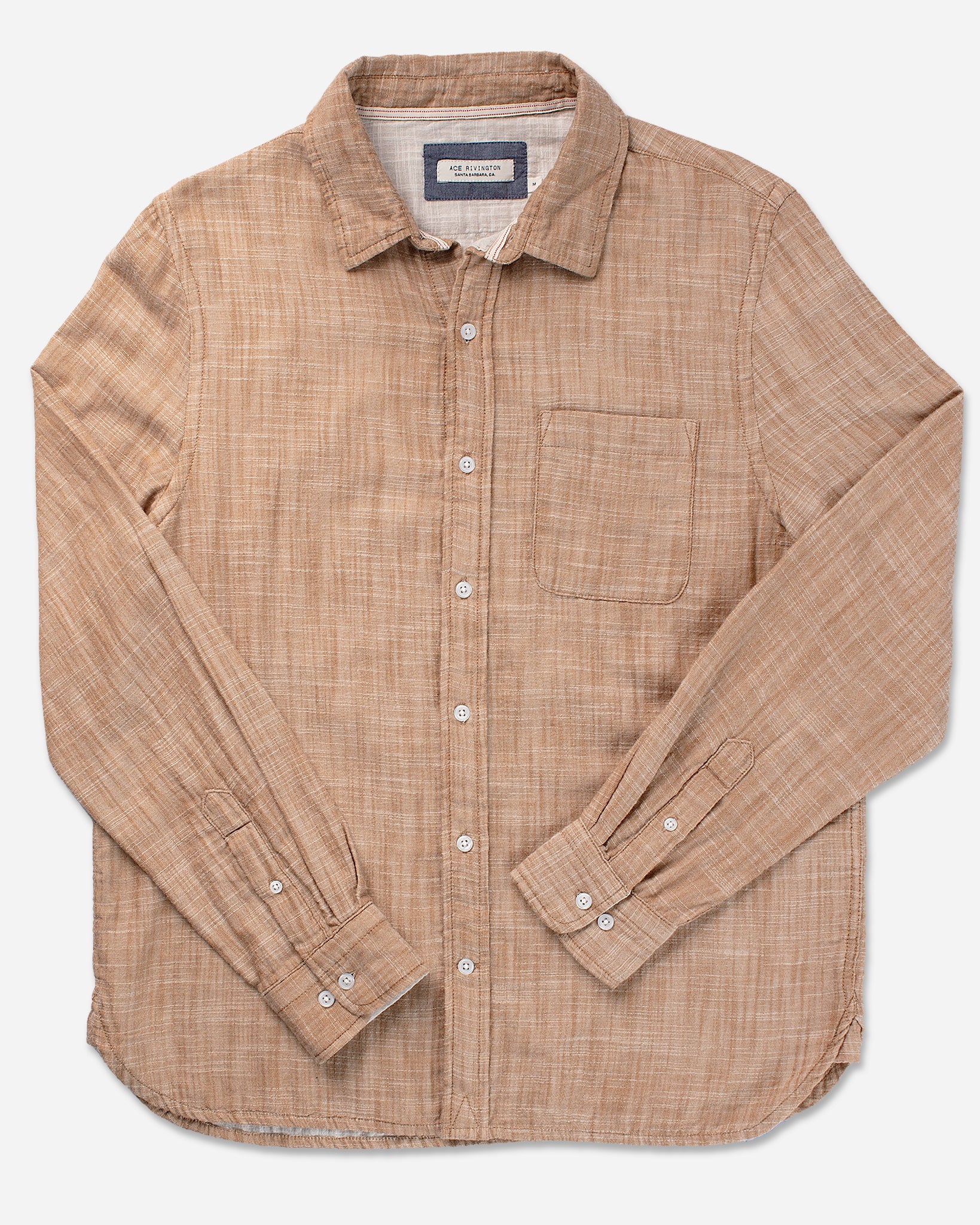 Ace Rivington Camel Double Gauze Long Sleeve shirt made from 100% cotton double gauze fabric and is displayed flat against a white background. This shirt features a tailored collar, a chest patch pocket, side seam gussets, and pearl buttons. It has also been pre-washed multiple times to minimize shrinkage.