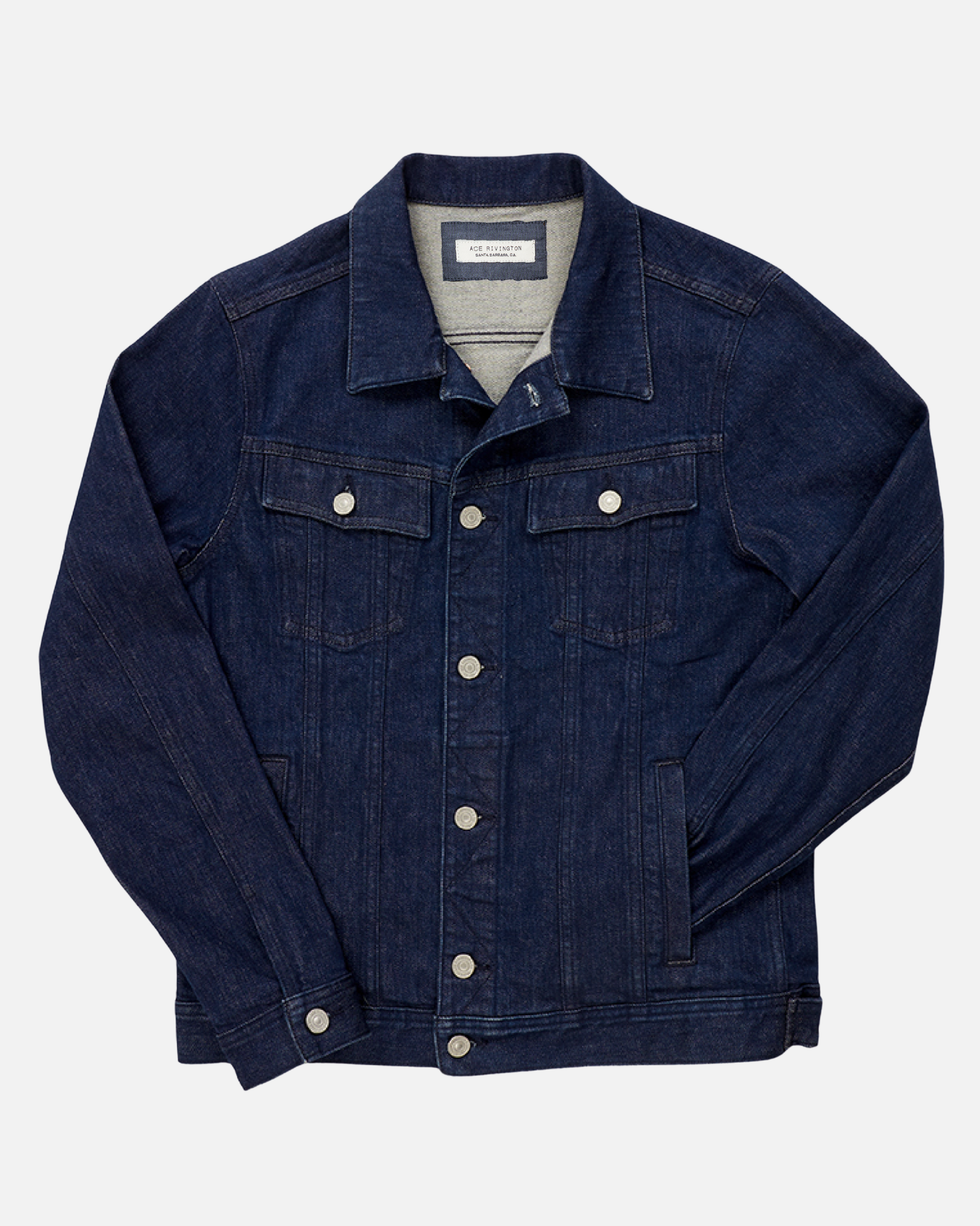 Ace Rivington Dark Rinse - Denim Jacket with silver buttons, featuring two chests, and Side Welt pockets with button flaps and a collar, laid flat on a white background. High recovery comfort stretch fabric denim, sourced from Italy's leading sustainable denim mill. 