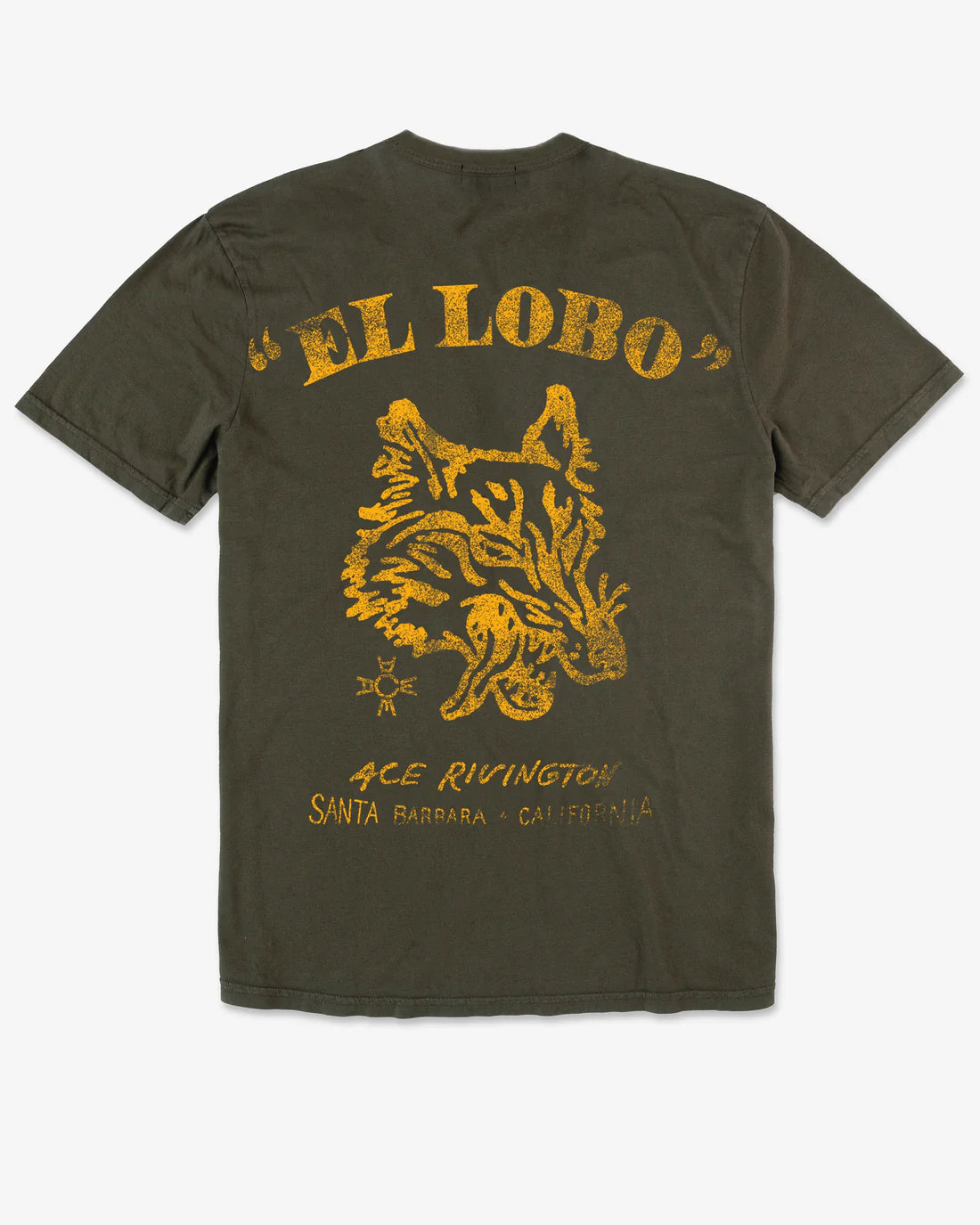 Back view of an Ace Rivington Supima Tee - Crewneck SS - El Lobo Military green colo t-shirt features a large yellow graphic of a wolf's head with the text 'EL LOBO' above it. Below the graphic, the text reads 'ACE RIVINGTON' and 'SANTA BARBARA - CALIFORNIA'.