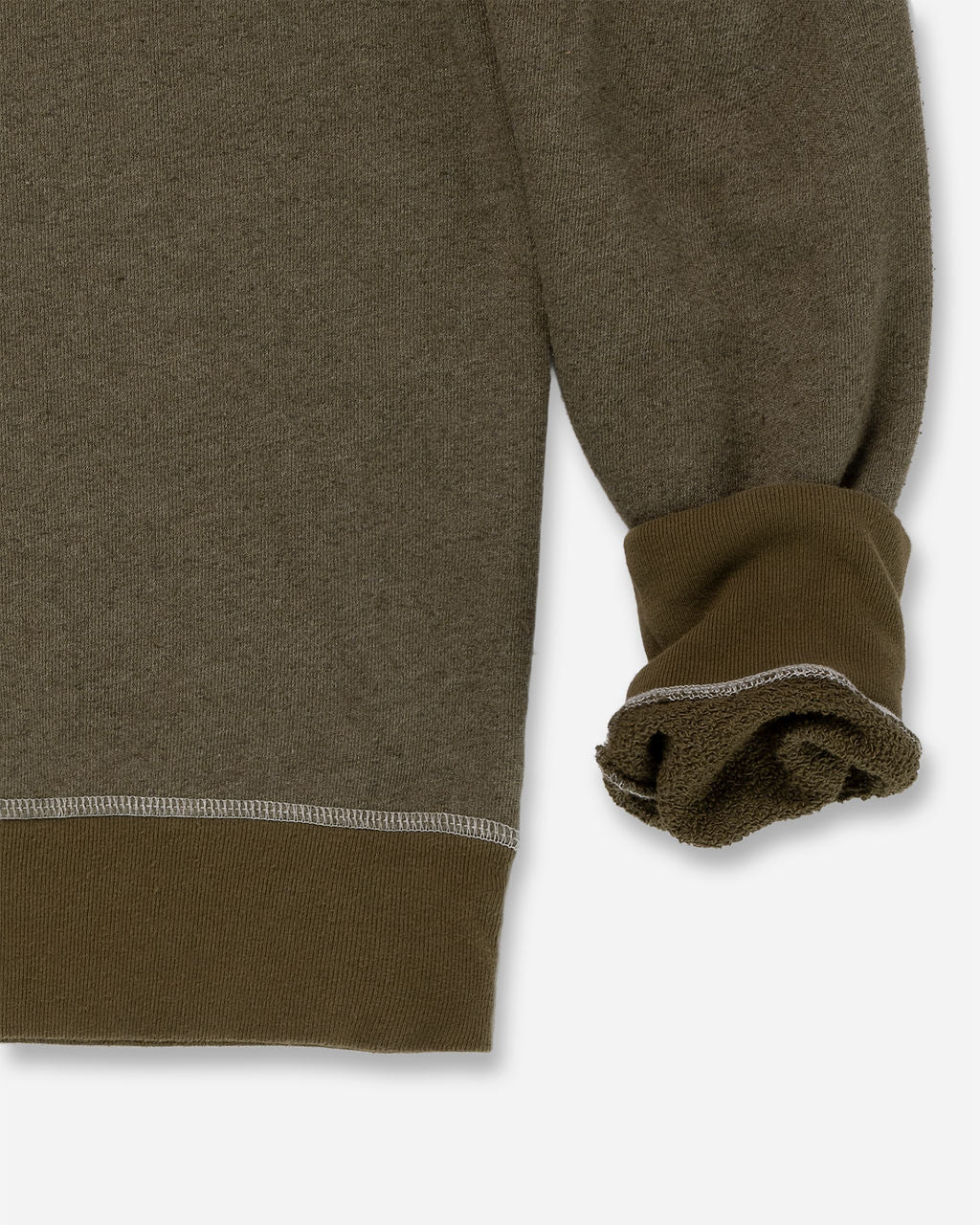 Close-up of the sleeve and bottom hem of a French Terry Vintage Soft Crewneck Sweatshirt in Army Green by Ace Rivington. Features a ribbed cuff and hem with visible stitching details. The sleeve is partially rolled up, revealing the soft, textured interior fabric.