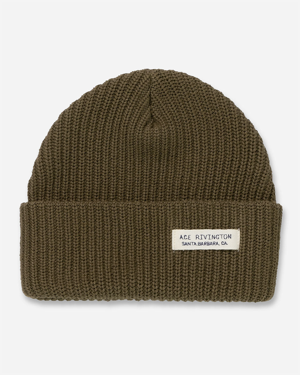 An army green-colored, Organic Cotton Beanie features a ribbed knit texture and a folded brim with a small white label that reads 'ACE RIVINGTON SANTA BARBARA, CA.'