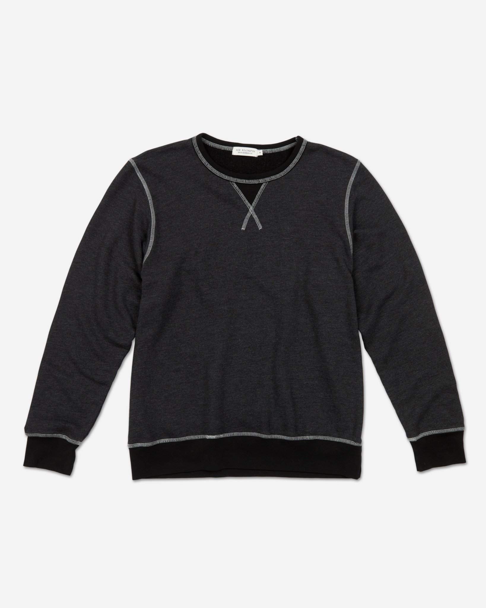 Fully extended frontal view of men's dark grey and black homespun french terry crew neck sweatshirt with white accent stitching