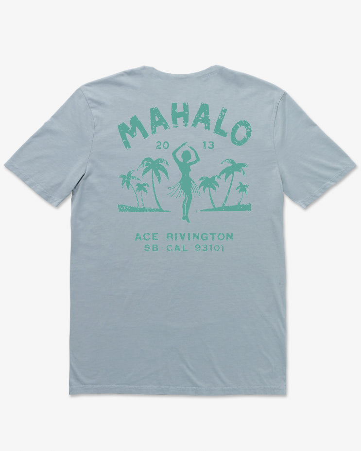 Back view of a light blue Ace Rivington Supima Tee - Crewneck SS - Mahalo Horizon Blue t-shirt features a green graphic design with the word 'MAHALO' at the top, the numbers '2013' below it, a silhouette of a hula dancer surrounded by palm trees, and the text 'ACE RIVINGTON SB CAL 93101' at the bottom.