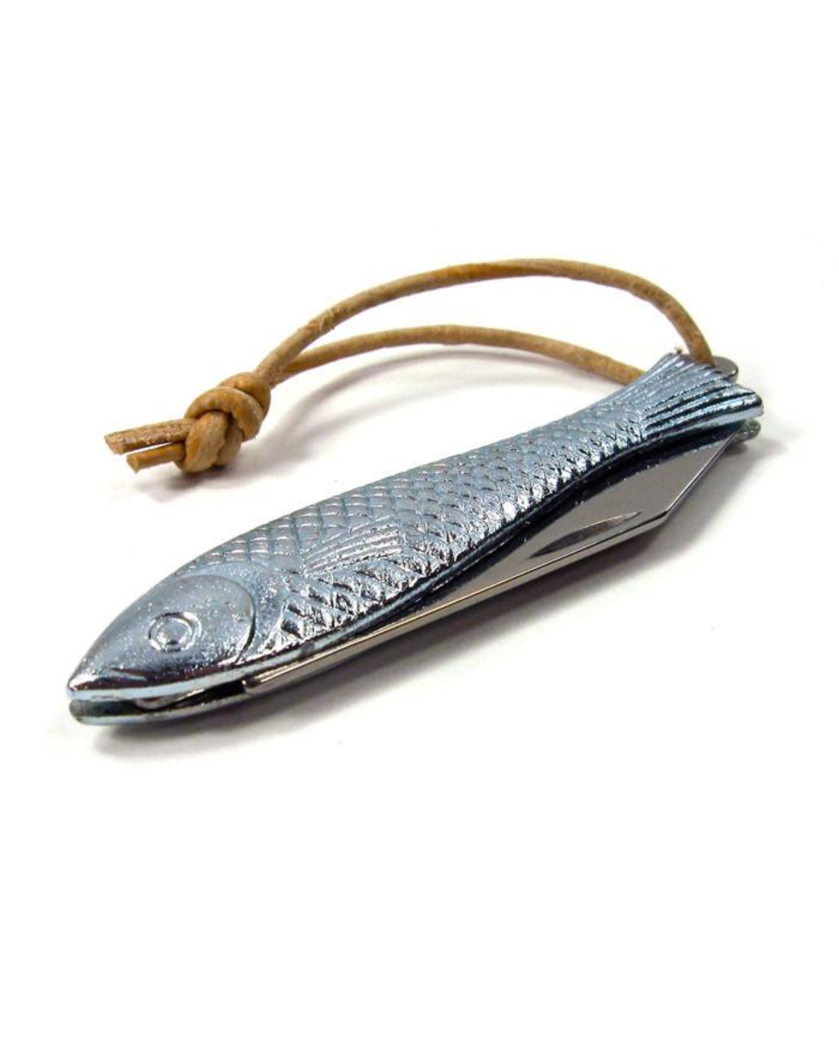 A close-up image of the Ace Rivington Mollyjogger Fingerling Fish Knife designed to resemble a fish, with detailed scales and a fish head. It has a metallic finish and is attached to a leather loop for easy carrying.