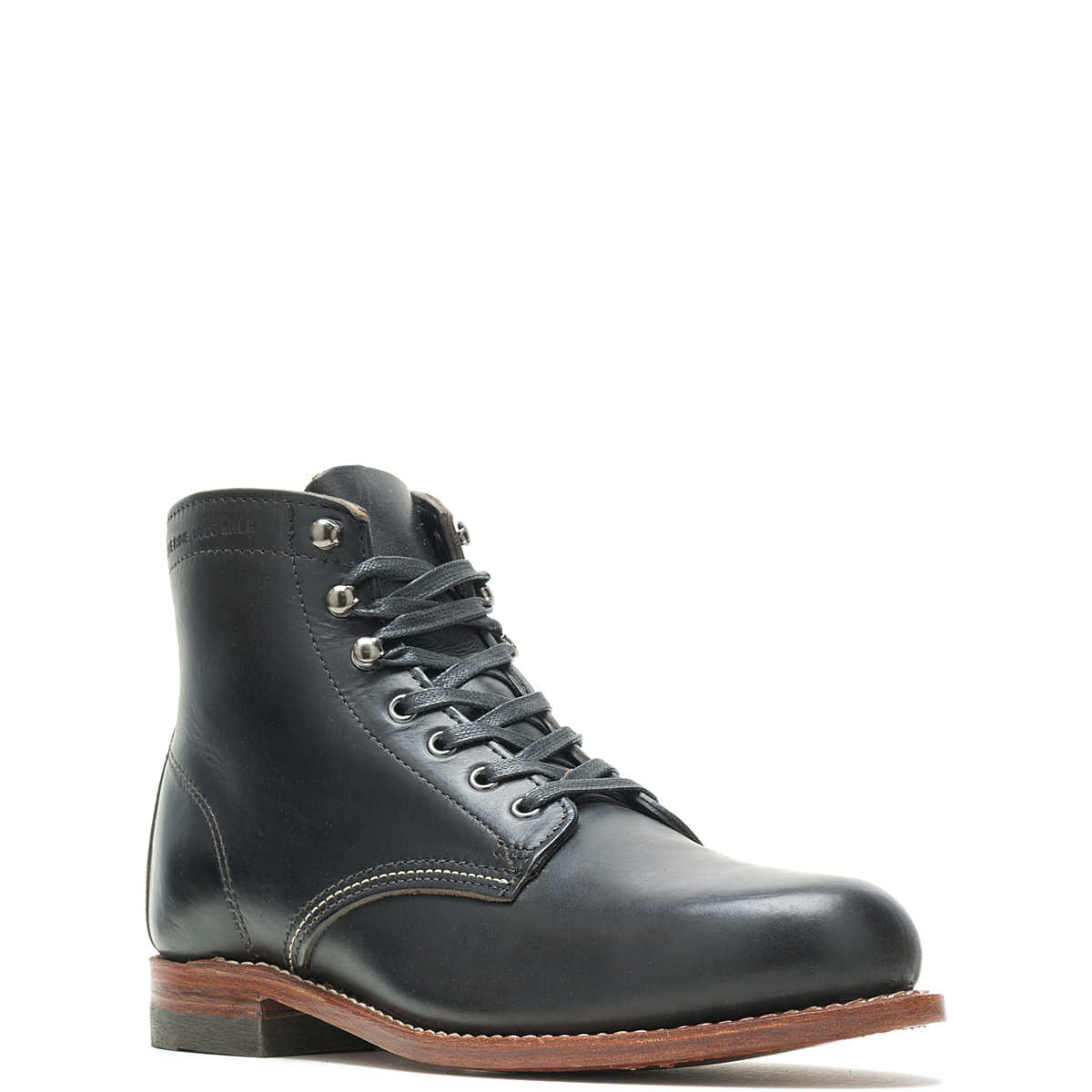 Black leather Ace Rivington Wolverine - 1000 Mile - Plain Toe Original Boot displayed on a plain white background. Features a high ankle design, lace-up closure with metal eyelets, visible stitching, and a brown leather sole with a slight heel.