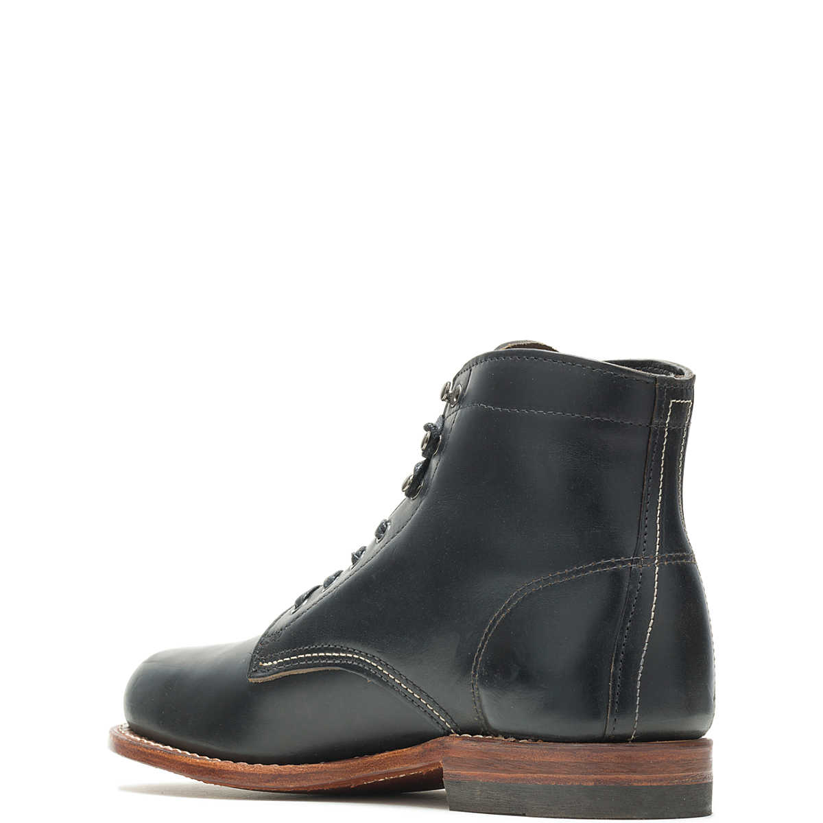 An angled back view of the black leather Ace Rivington Wolverine - 1000 Mile - Plain Toe Original Boot displayed on a white background features a high ankle design, lace-up closure with metal eyelets, visible stitching, and a brown leather sole with a slight heel.