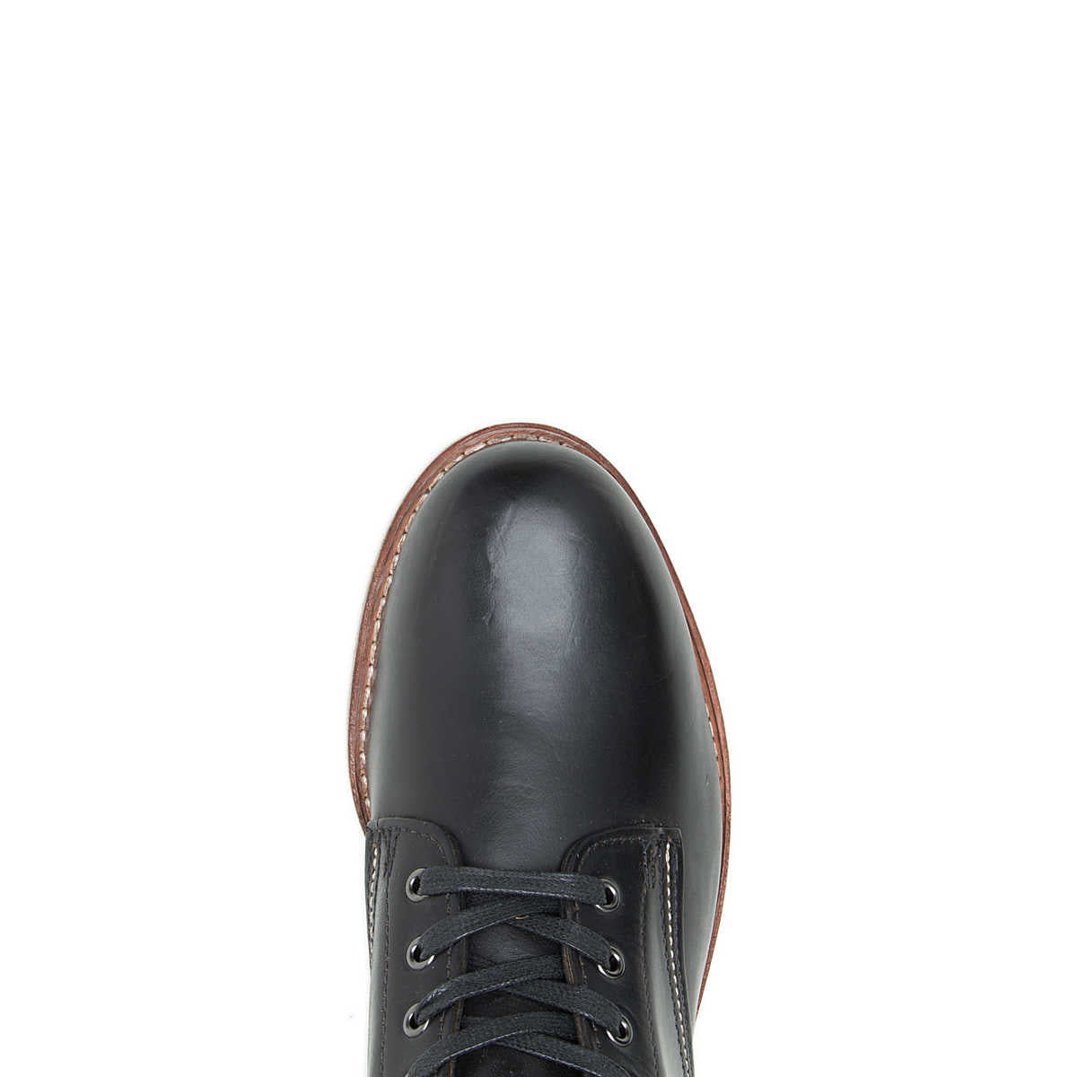 The top view of a black leather Ace Rivington Wolverine - 1000 Mile - Plain Toe Original Boot features black laces threaded through metal eyelets, a smooth polished finish, and visible contrasting stitching around the sole, likely in brown or tan. The design showcases durability and classic style.