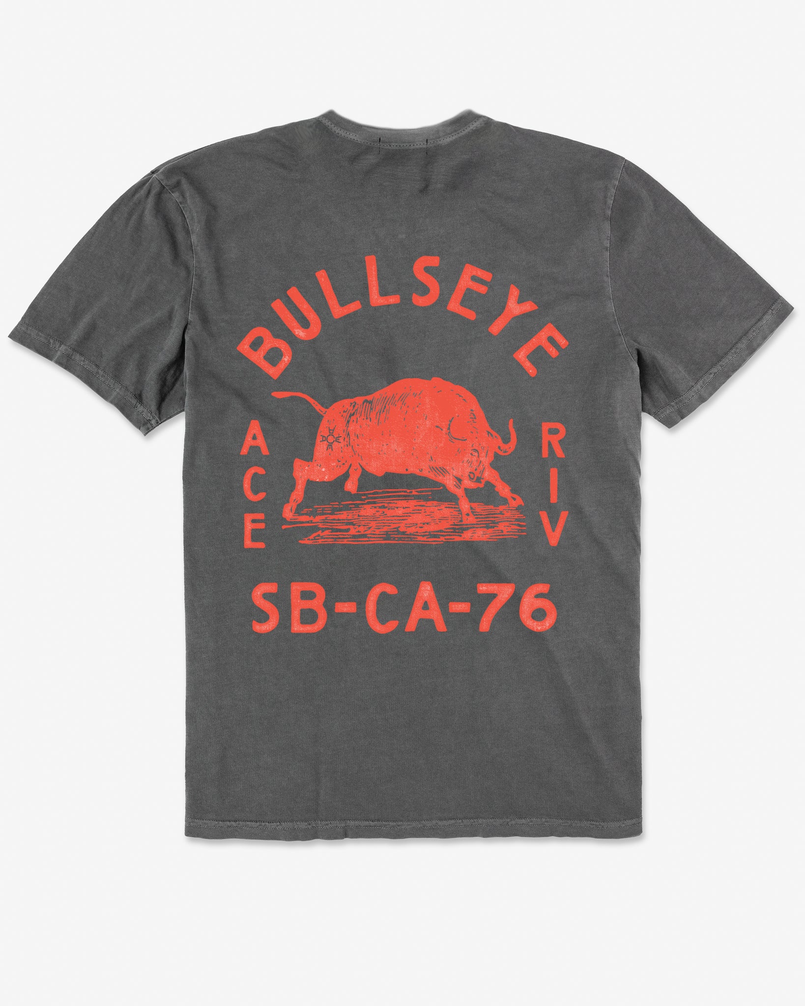 Back view of a dark gray Ace Rivington Supima Tee - Crewneck - Bullseye Carbon with a red-orange graphic design features a bull in the center with the word 'BULLSEYE' arched above it. The letters 'ACE' and 'RIV' are positioned vertically on each side of the bull. Below the bull, the text 'SB-CA-76' is displayed.