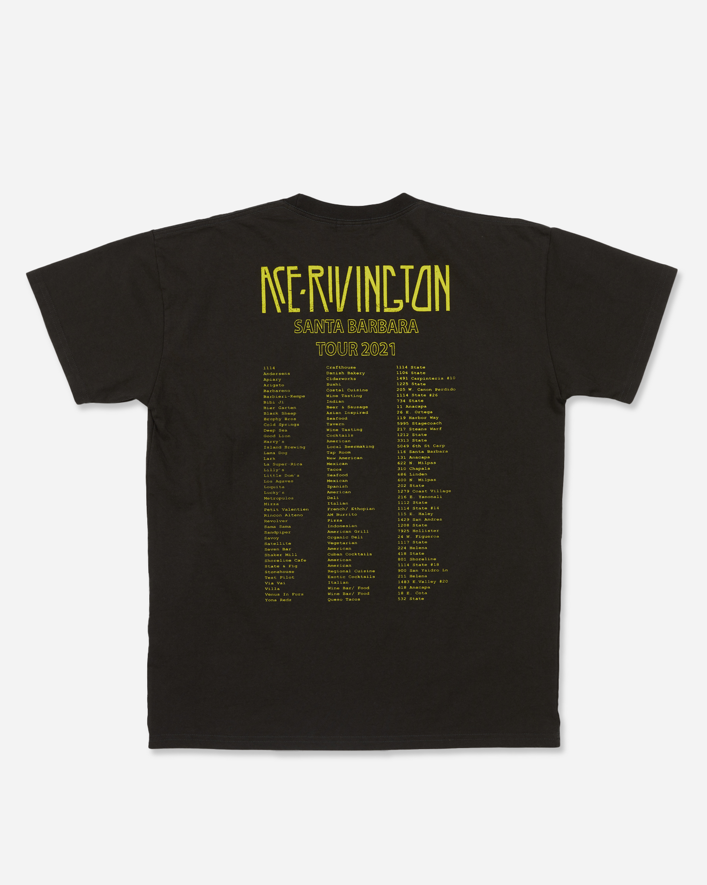 The back of a black color Ace Rivington Heavy Tee - Crewneck SS from the 2021 Monster Tour  T-shirt features yellow text with 'Ace Rivington' at the top, followed by 'Santa Barbara Tour 2021.' Below this, three columns of text list various tour dates and locations.