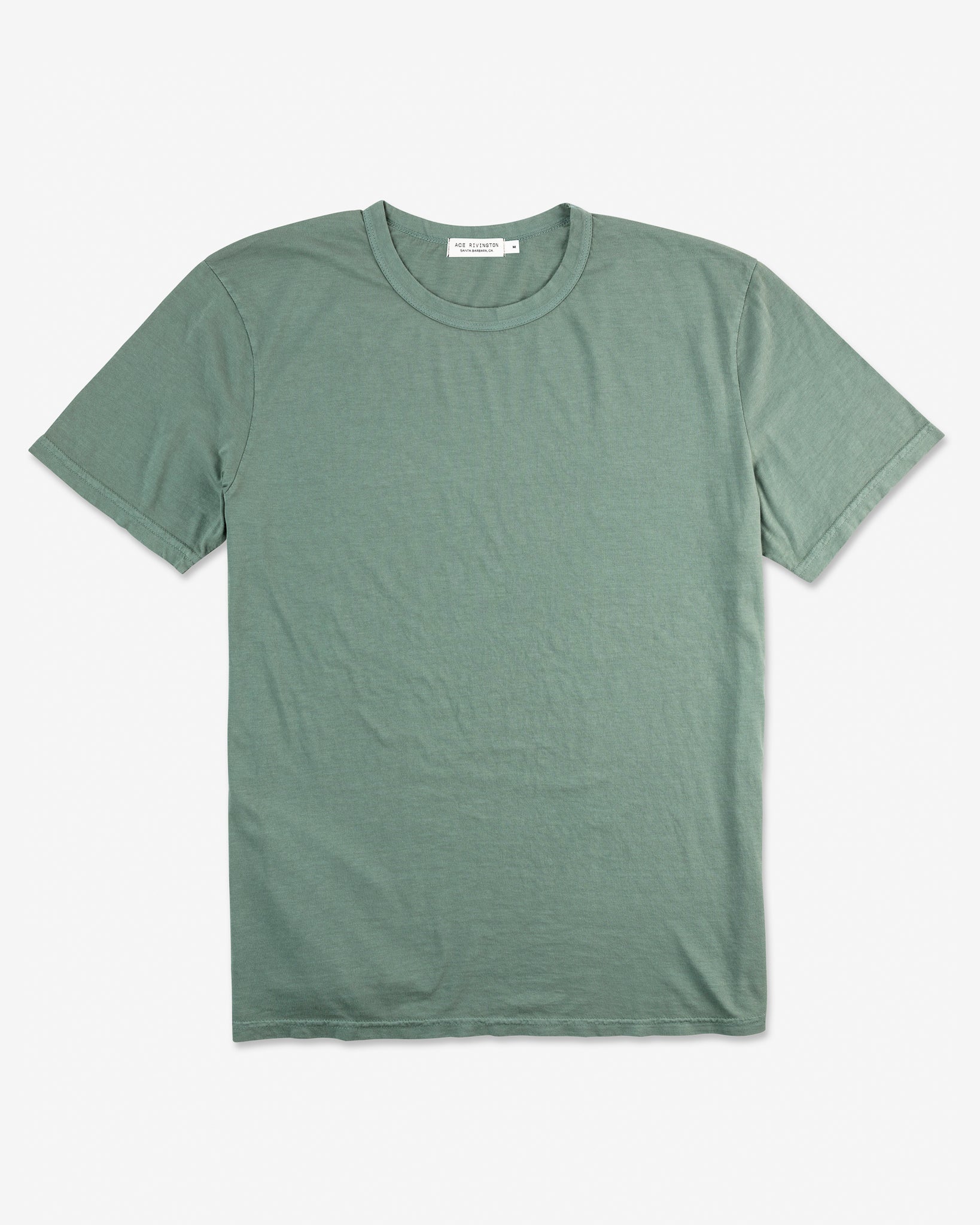 A sage green Ace Rivington Super Soft Supima Cotton Tee is displayed against a plain white background and features a classic crew neck design with short sleeves and a relaxed fit. The fabric appears soft and comfortable, emphasizing the high-quality Supima cotton material.