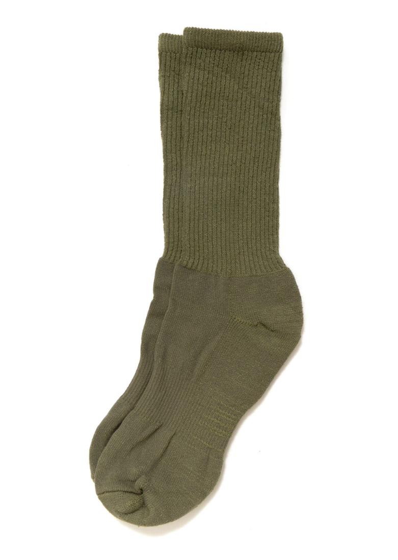 A pair of olive green Ace Rivington Mil-Spec Sport Socks. The socks have a ribbed texture along the calf and a smooth finish on the foot area. They are displayed flat, with one sock slightly overlapping the other.