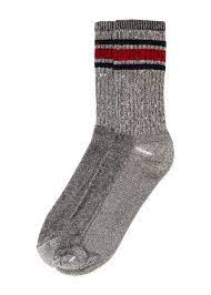 A pair of color gray American Trench Merino Activity Socks features a ribbed texture and three horizontal stripes near the top: Two green between the red stripe in the center. The sock appears to be made of a high-quality, comfortable material suitable for various activities.