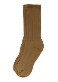 A single pair of Ace Rivington Mil-Spec Sport Socks in a coyote light brown color. The socks have a ribbed texture along the calf and a smooth finish on the foot area and are neatly folded with the toes and heels visible, showcasing their design and structure.