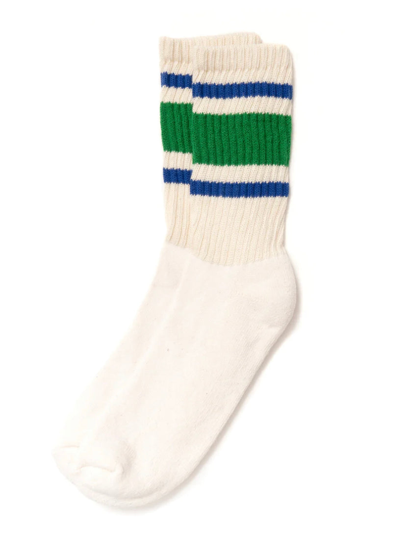 A pair of Ace Rivington American Trench Retro Stripe white socks with a ribbed upper section featuring retro stripes in blue, white, and green. The design is reminiscent of vintage athletic socks, adding a nostalgic and stylish touch.